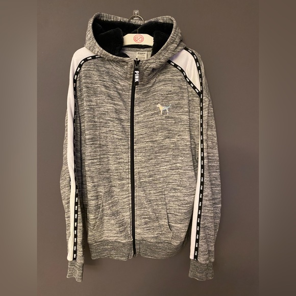 ❌SOLD❌VS PINK FAUX FUR FULL ZIP HOODIE SWEATSHIRT MARL GRAY MERMAID HOLO BLING L - Picture 9 of 9